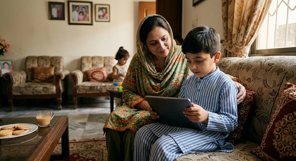 CC IMAGE — a young child at a tablet with an adult observing